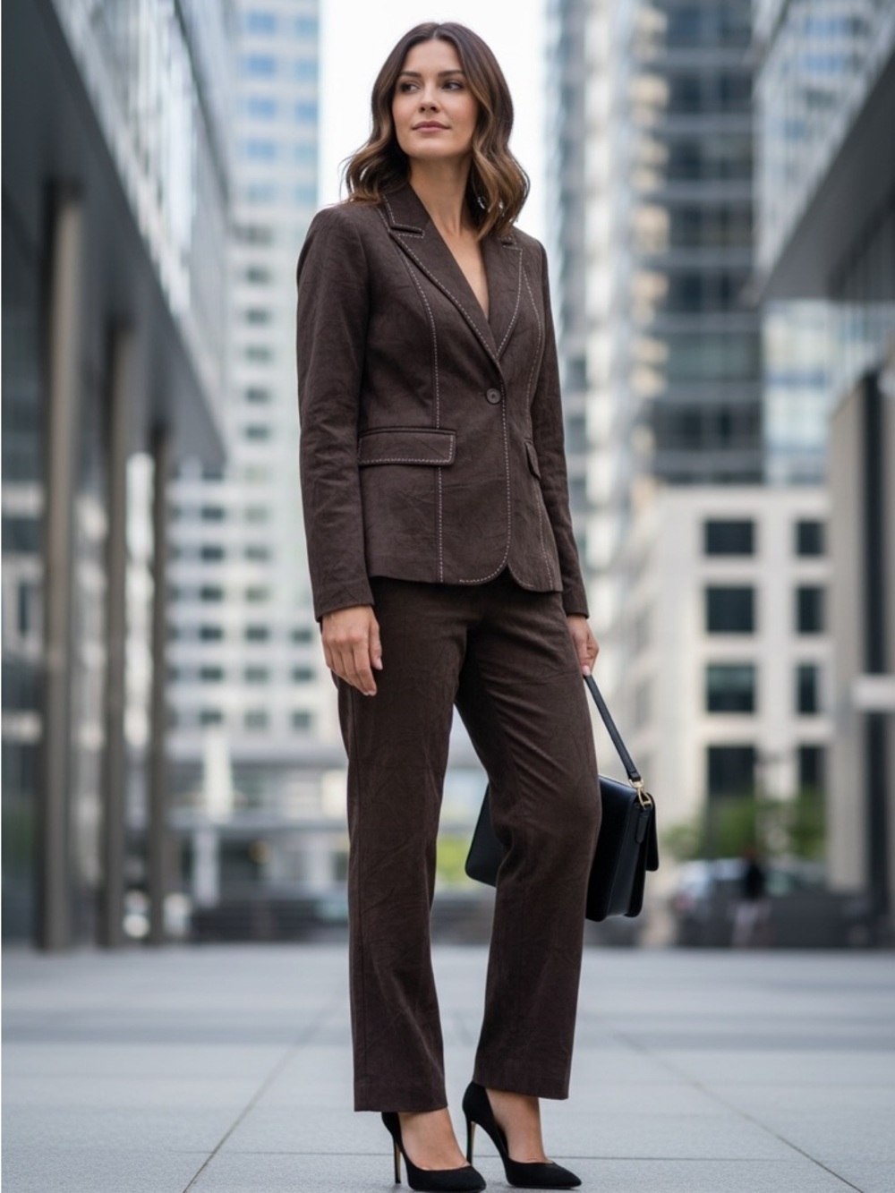 Vintage Courtenay Brown Faux Suede Blazer Pants Suit Size 8 Petite